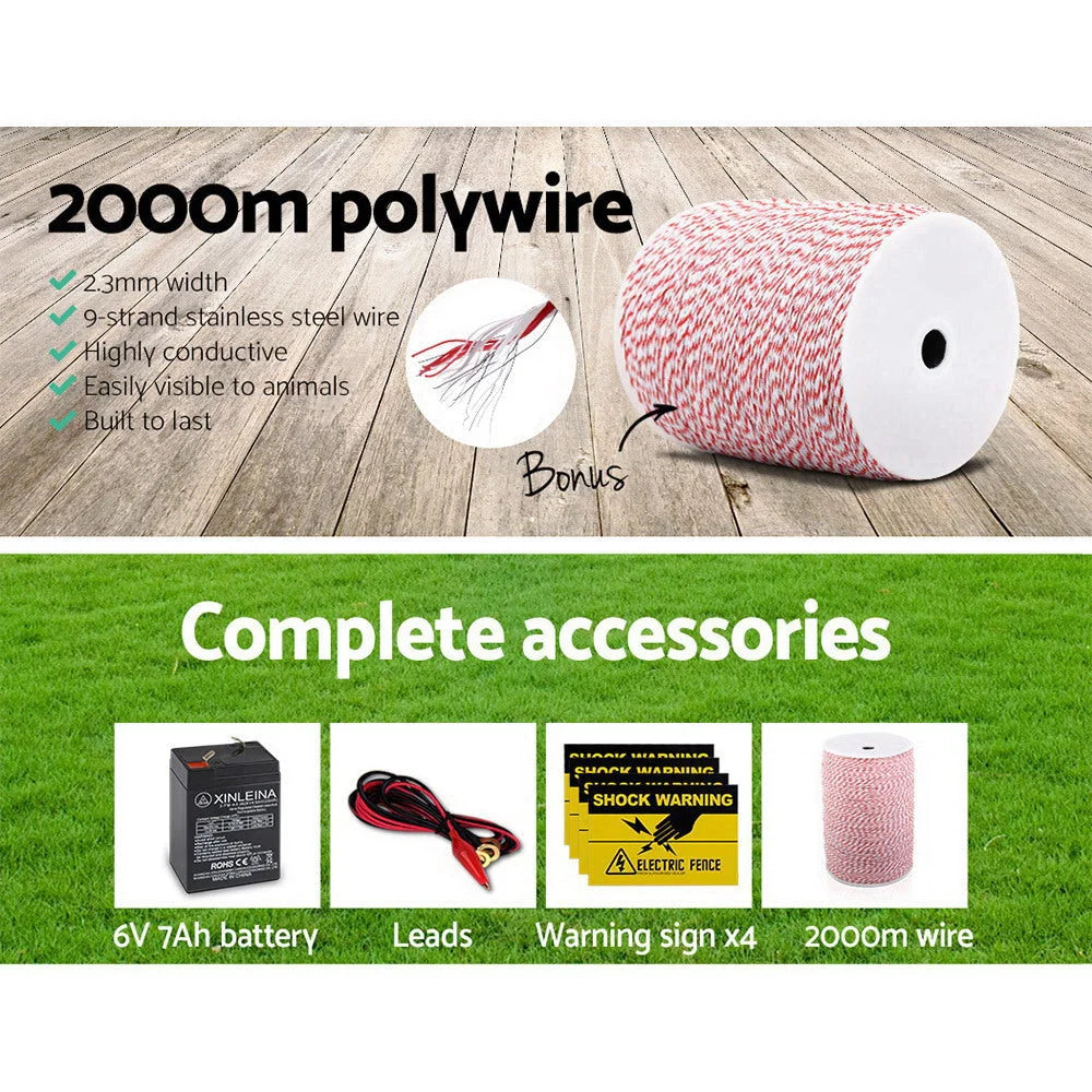 Solar Fence Energiser 8km 0.3J + 2000M Poly Fencing Wire