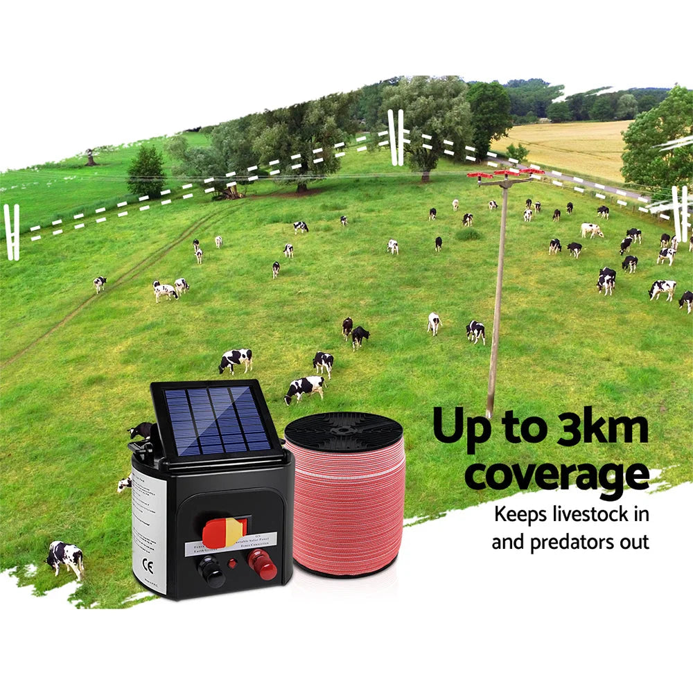 Solar Fence Energiser Charger Set 3km + 1200m Tape - Farm