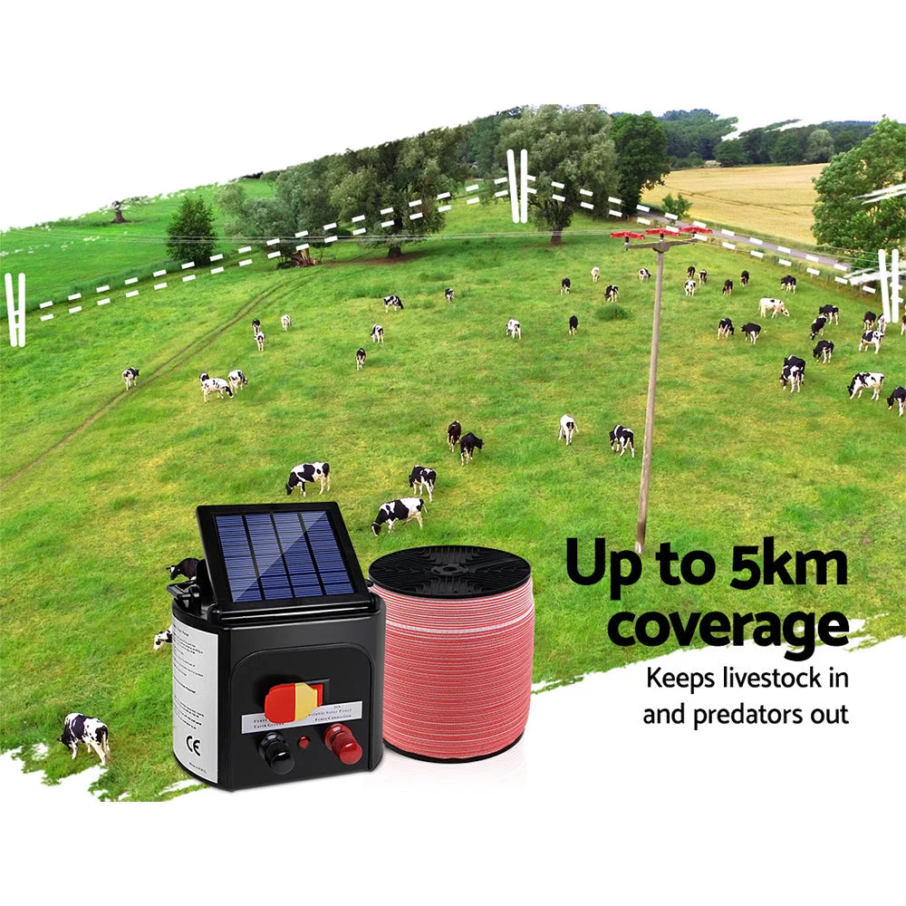 Solar Fence Energiser Charger Set 5km + 2000m Tape - Farm