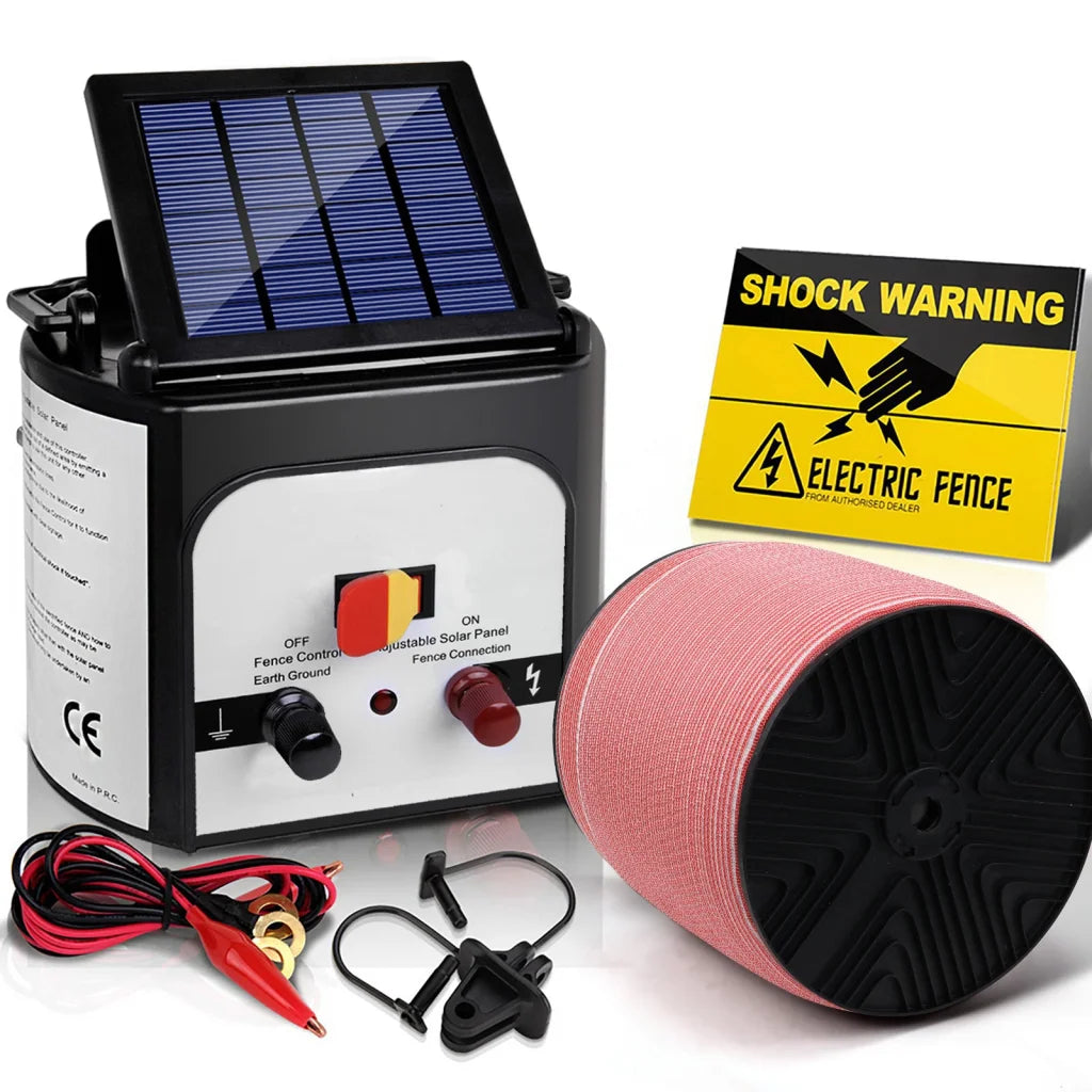 Solar Fence Energiser Charger Set 8km + 1200m Tape - Farm