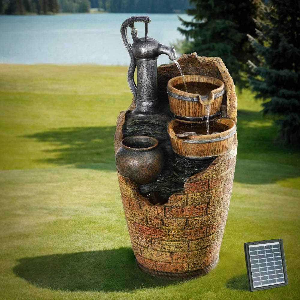 Solar Fountain Water Feature Outdoor Cascading Hand Pump