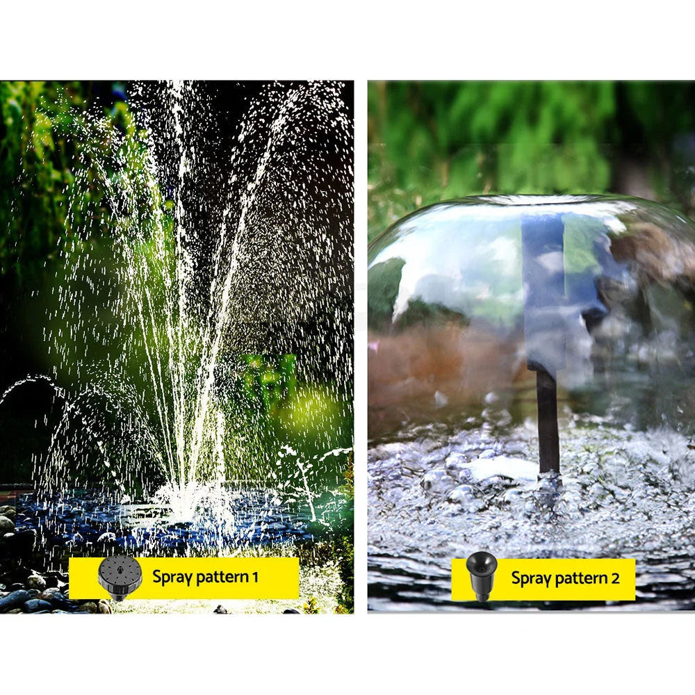Solar pond pump with garden pump body and outlet fitting