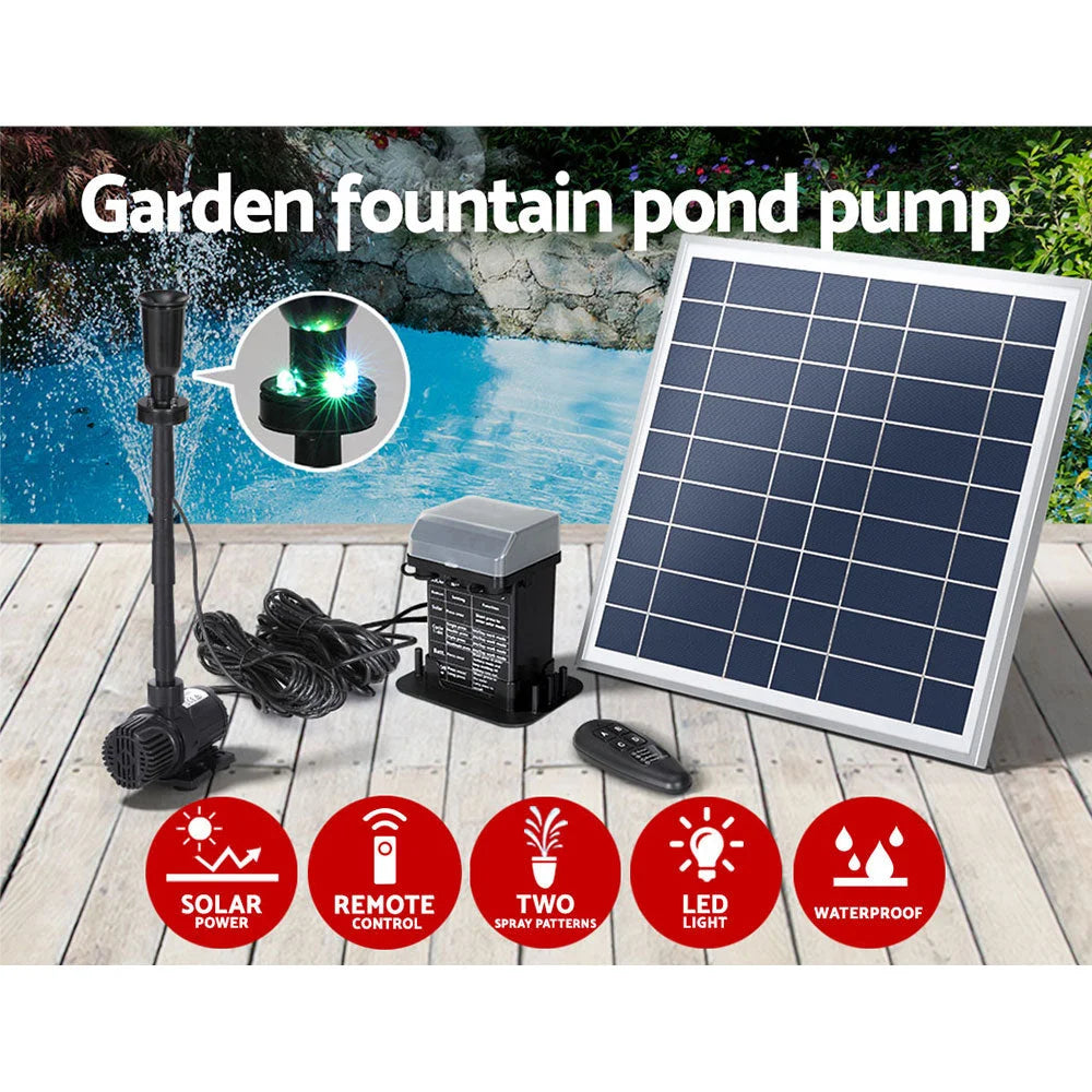 Solar pond pump with outdoor basin and fitted pump parts