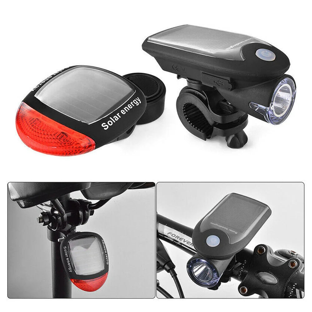 Solar Powered Bicycle Cycling LED Headlight & Rear Tail