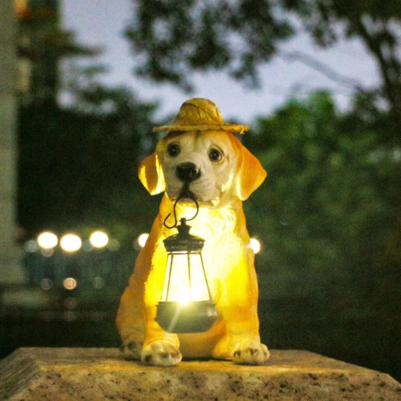 Solar-Powered Dog Statue with LED Lantern - Waterproof