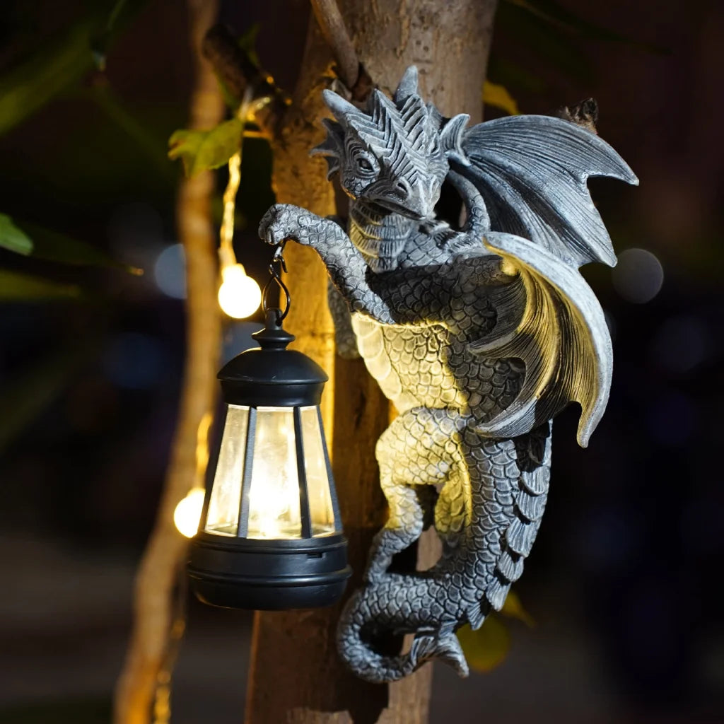 Solar-Powered Dragon Statue with LED Lantern - Gothic