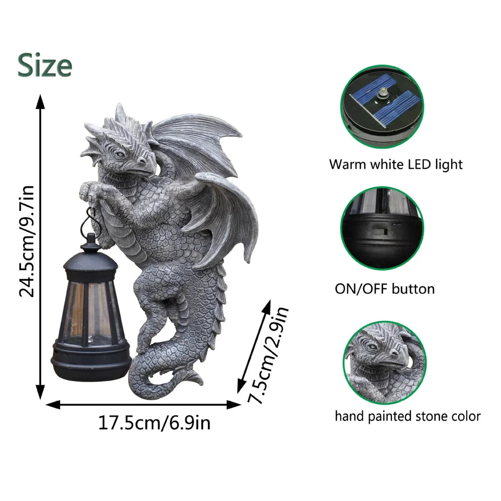 Solar-Powered Dragon Statue with LED Lantern - Gothic