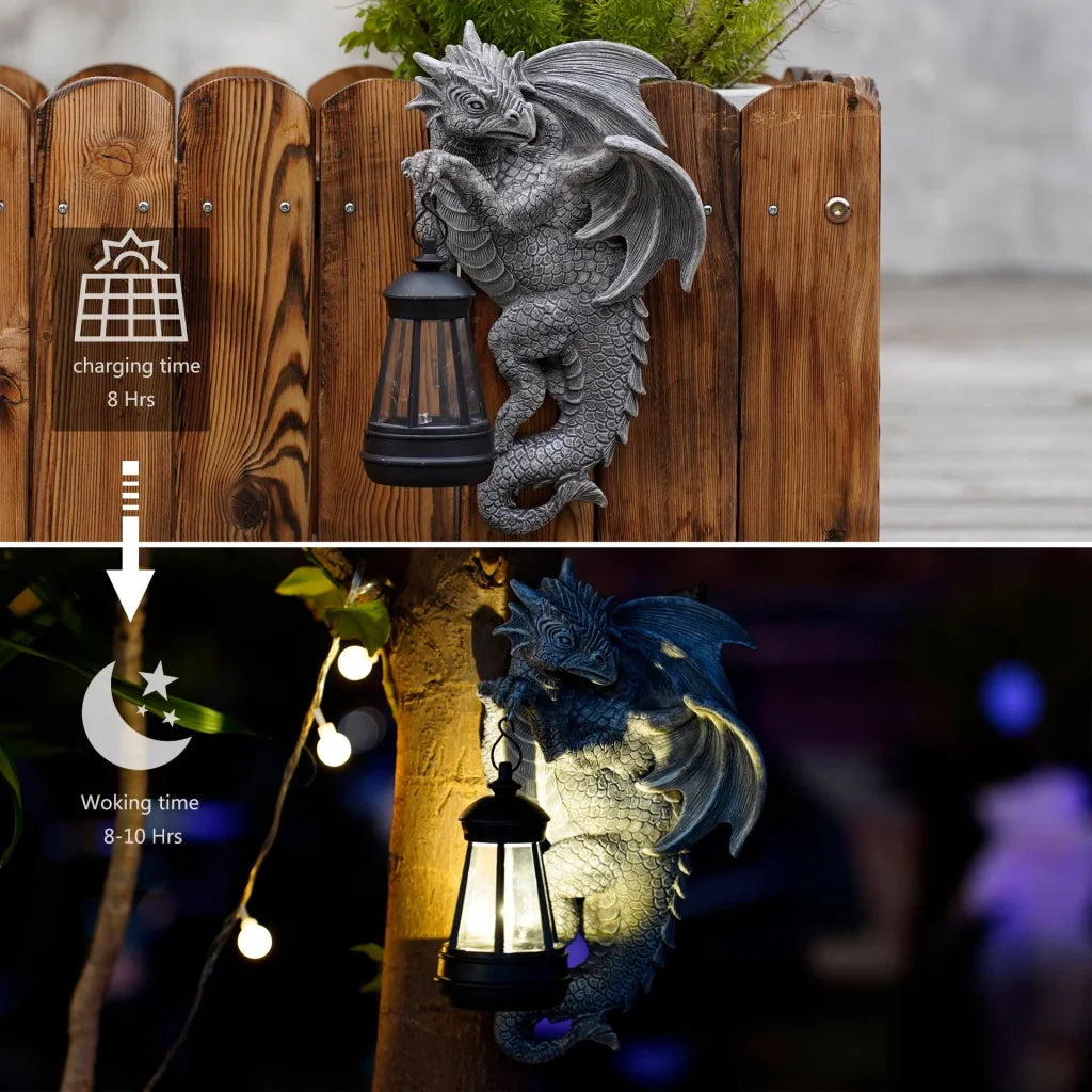 Solar-Powered Dragon Statue with LED Lantern - Gothic