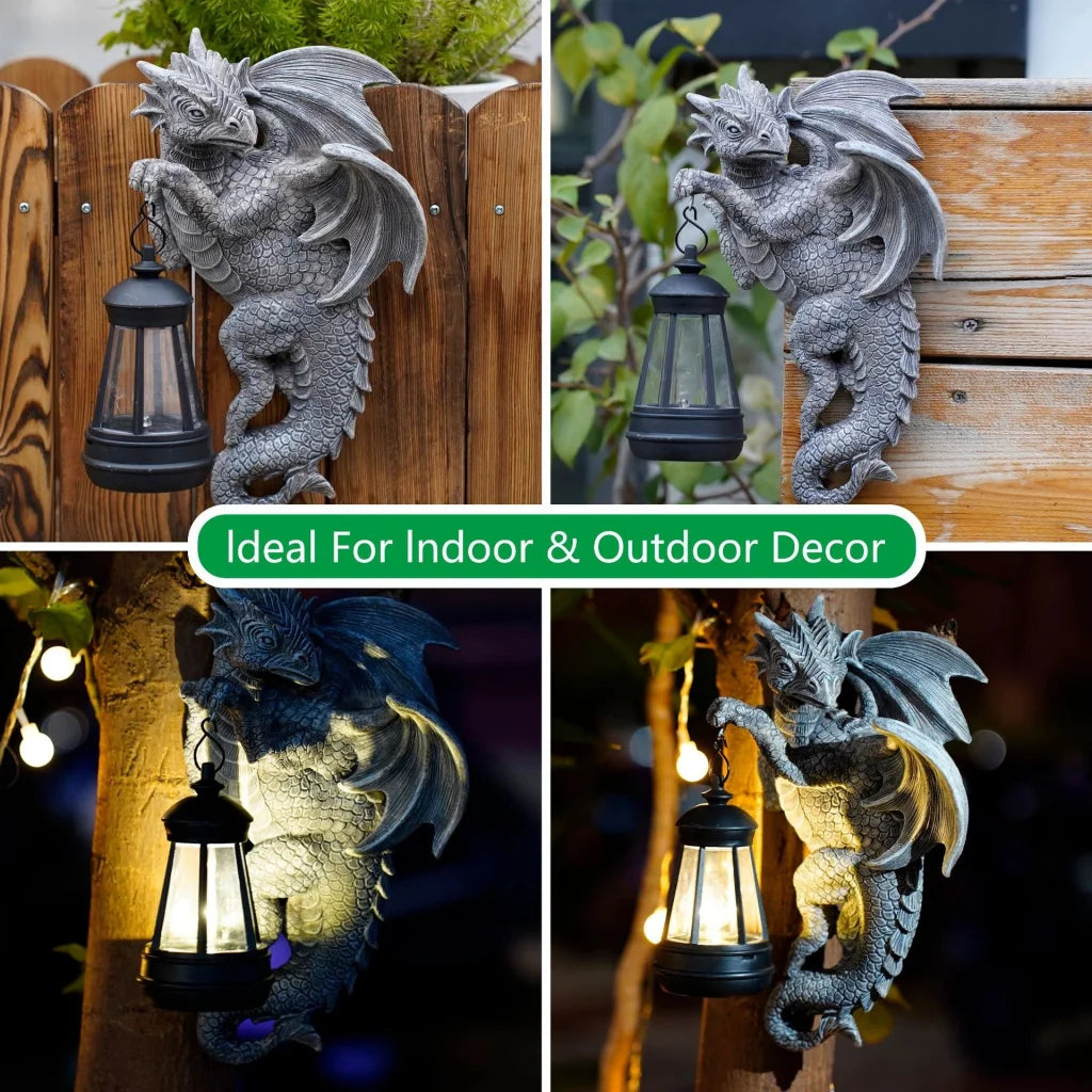 Solar-Powered Dragon Statue with LED Lantern - Gothic