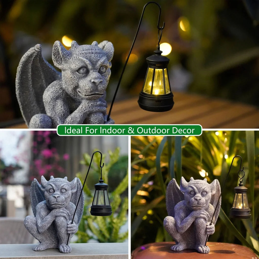 Solar-Powered Gargoyle Statue with LED Lantern – Gothic