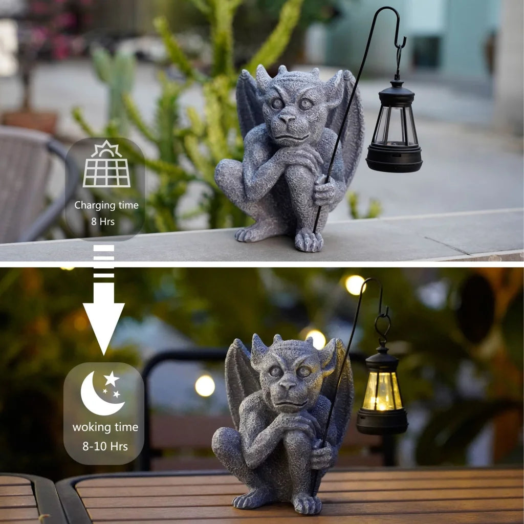 Solar-Powered Gargoyle Statue with LED Lantern – Gothic