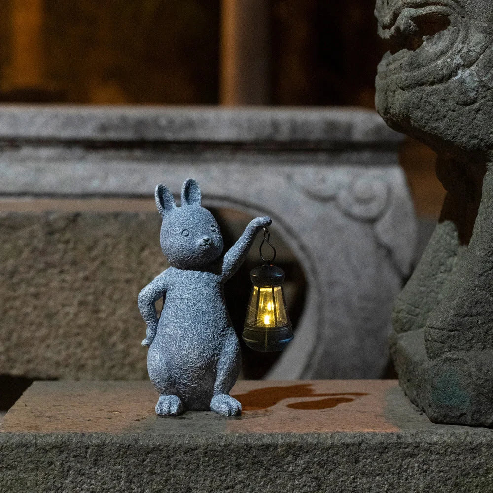 Solar-Powered Rabbit Statue with LED Lantern - Cute Garden