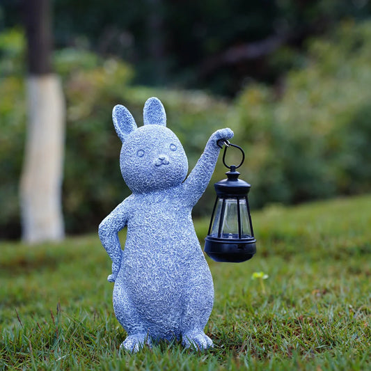 Solar-Powered Rabbit Statue with LED Lantern - Cute Garden