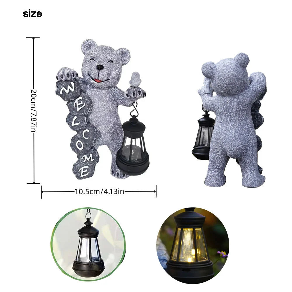 Solar-Powered Welcome Bear Statue with LED Lantern