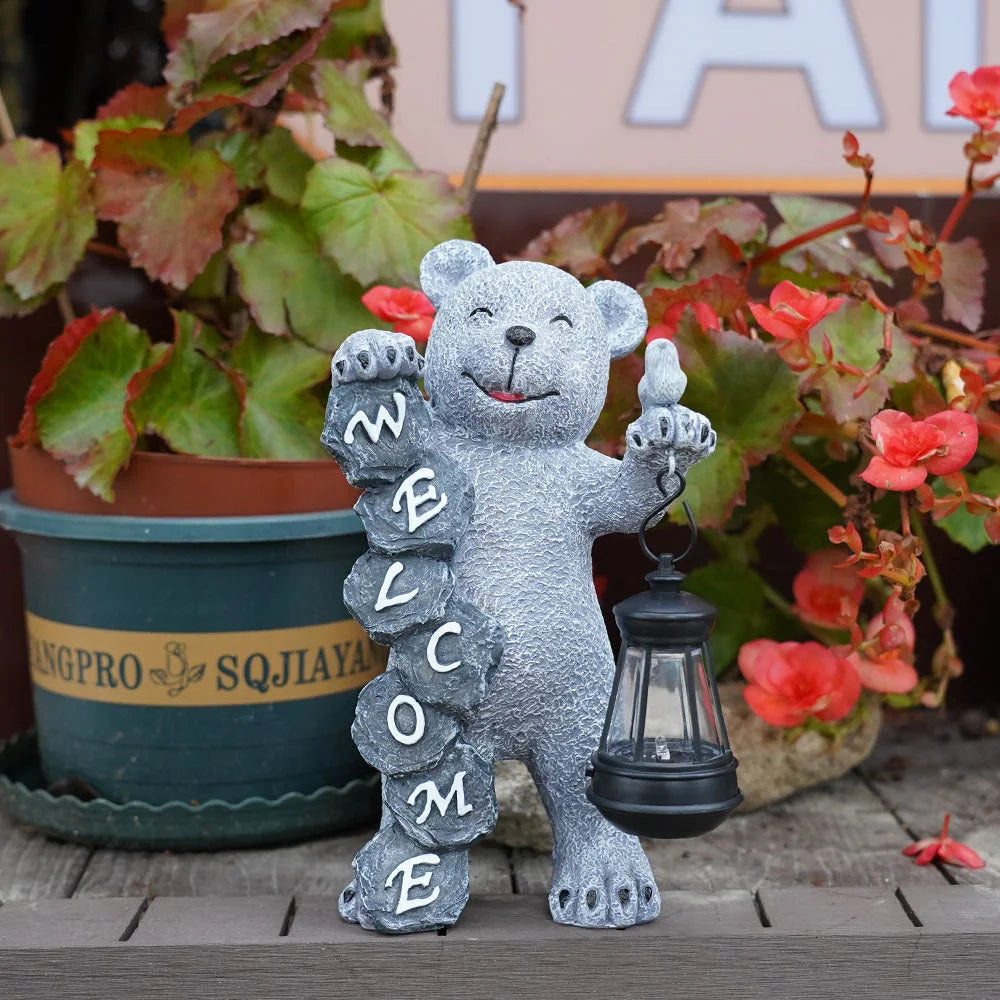 Solar-Powered Welcome Bear Statue with LED Lantern
