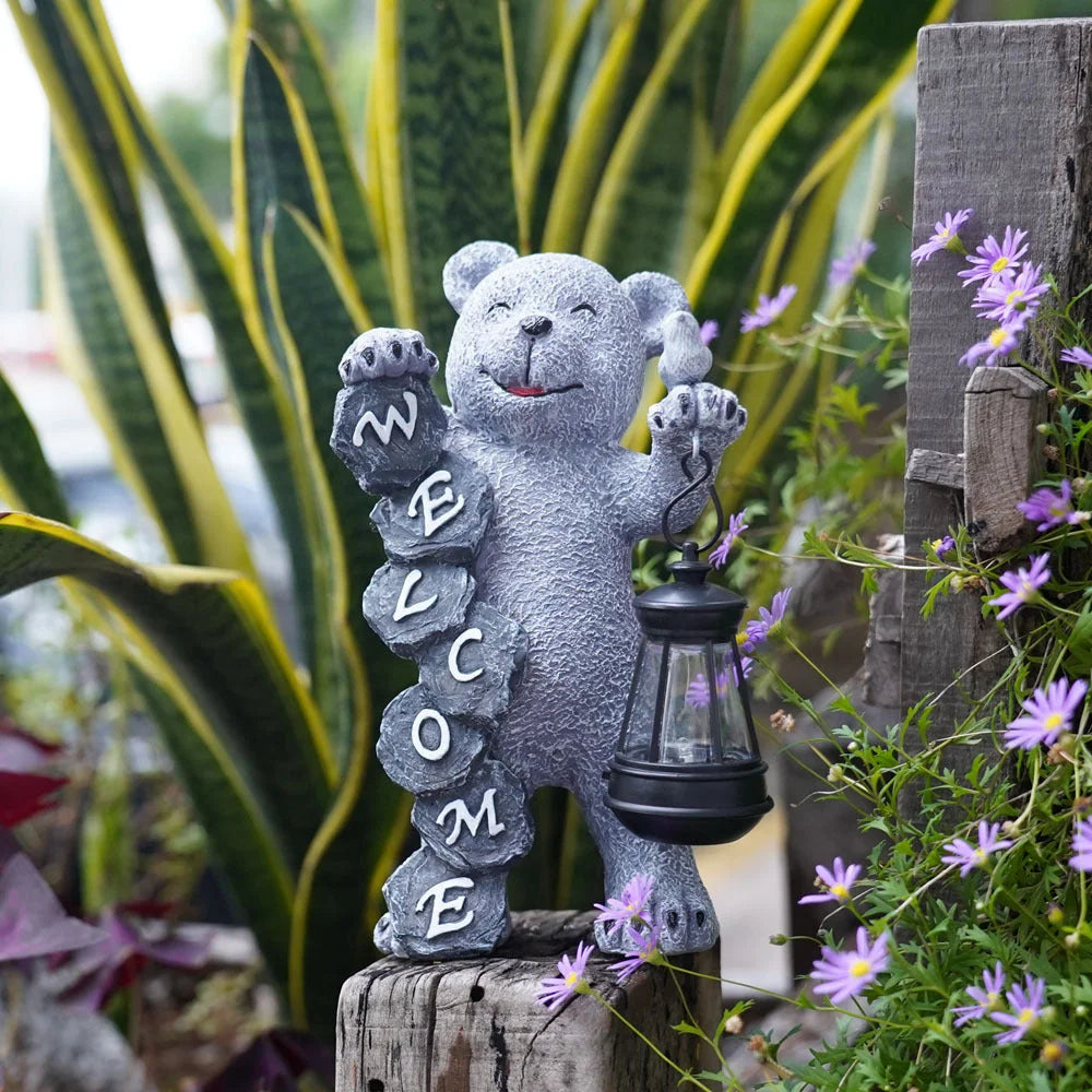 Solar-Powered Welcome Bear Statue with LED Lantern