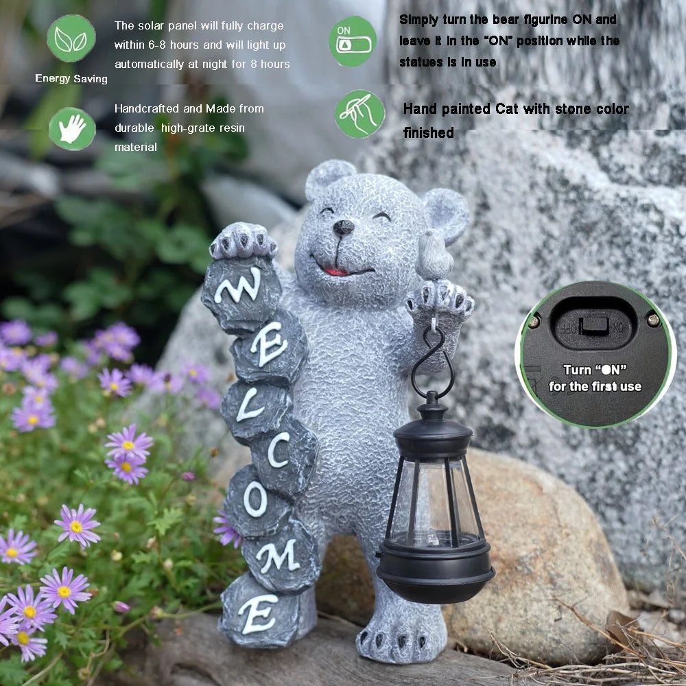Solar-Powered Welcome Bear Statue with LED Lantern
