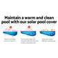Blue 11m swimming pool cover with folded blanket edge and bubble texture