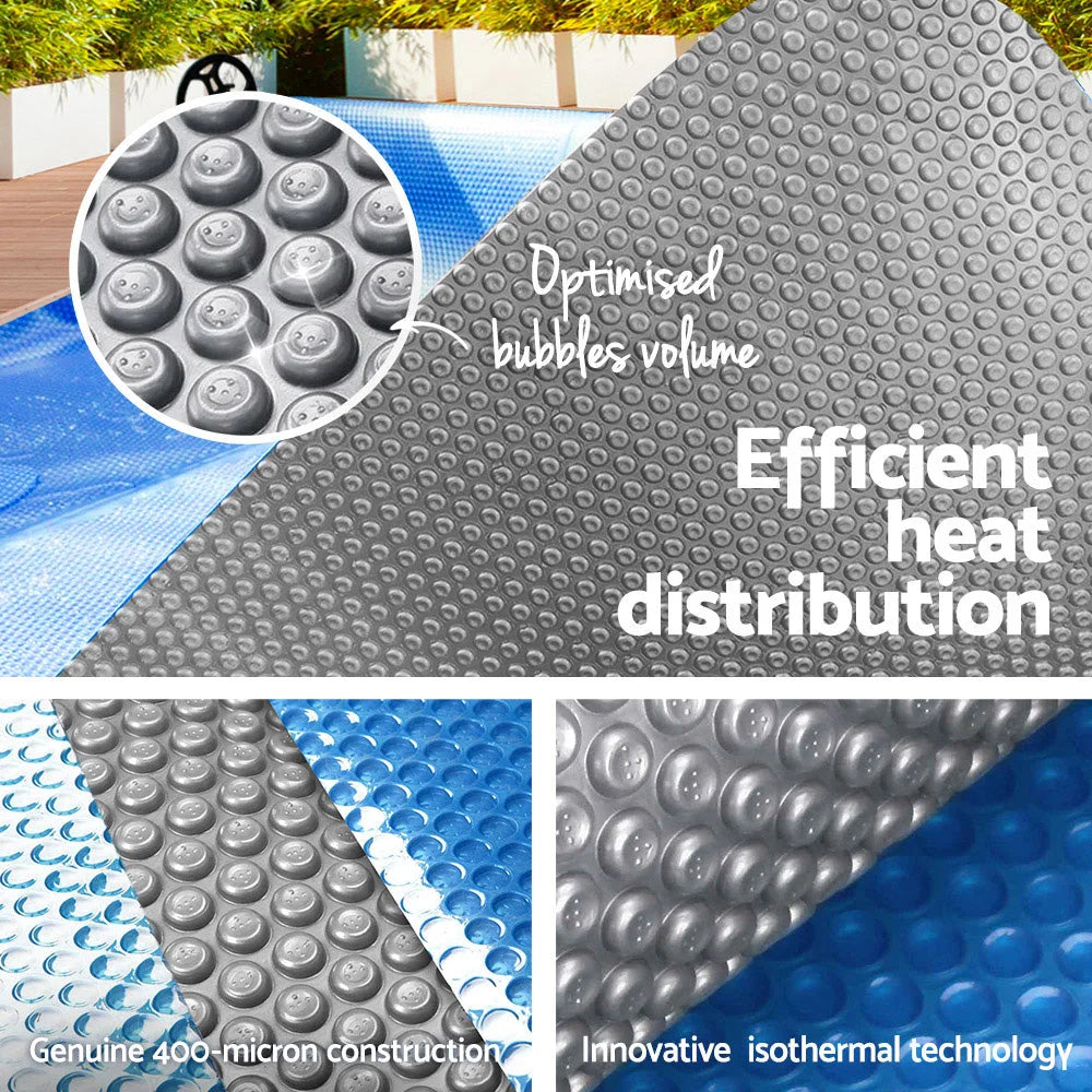 Blue 5x3m swimming pool cover with folded blanket edge and bubble texture