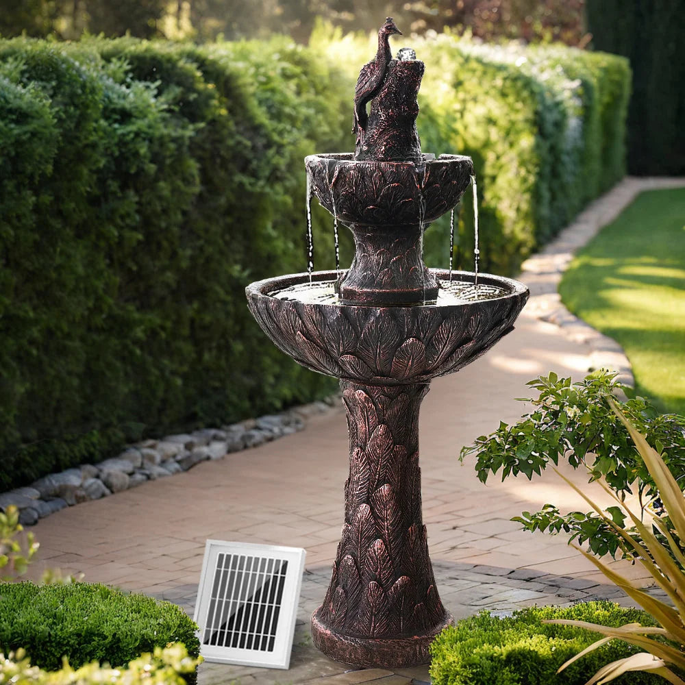 Solar Water Fountain Outdoor Bird Bath Peacock Cascading