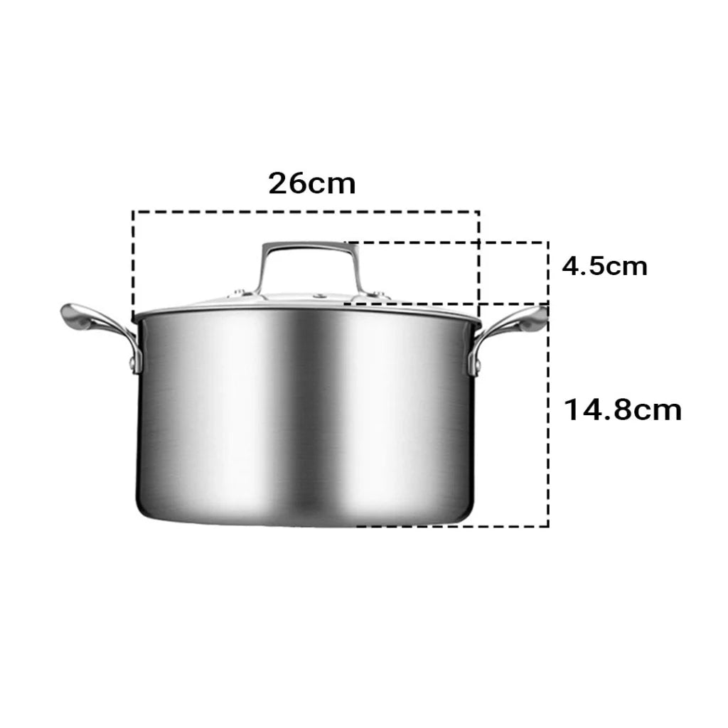 Soup Pot Premium 26cm Stainless Steel Stock Cooking Stockpot Heavy Duty Thick Bottom with Glass Lid