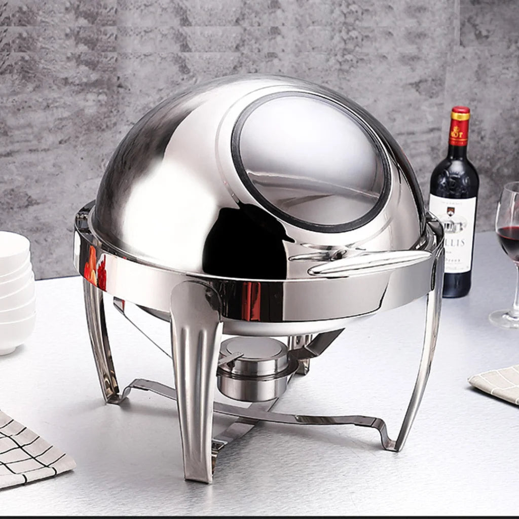Soup Tureen Bowl Station 6.5L Premium Stainless Steel Round Roll Top Buffet Chafing Dish Catering Chafer Food Warmer Server