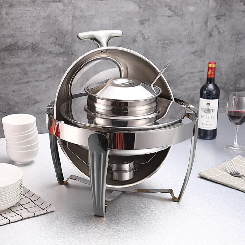 Soup Tureen Bowl Station 6.5L Premium Stainless Steel Round Roll Top Buffet Chafing Dish Catering Chafer Food Warmer Server