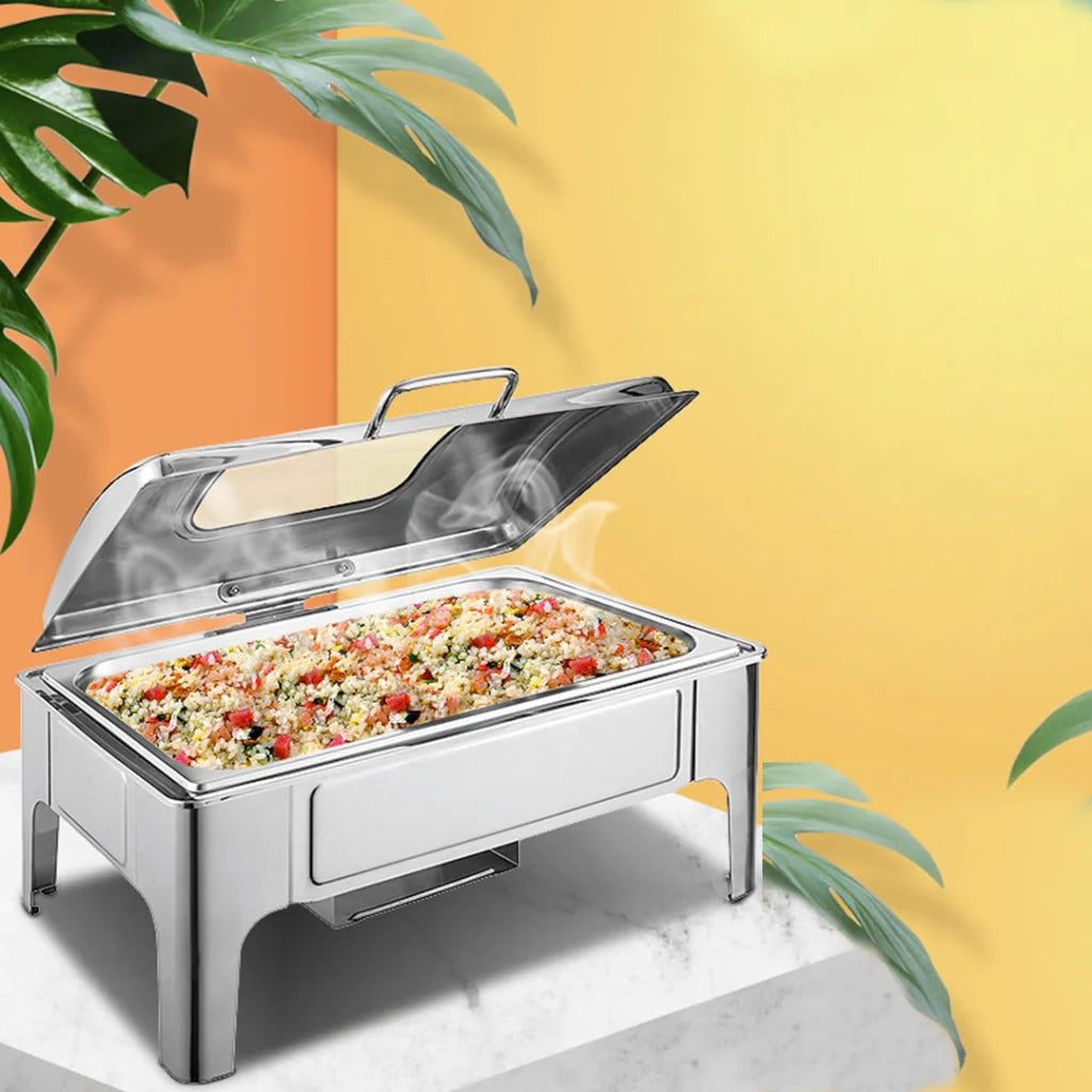 Soup Warmer Premium 9L Rectangular Stainless Steel Roll Top Chafer Chafing Dish with Glass Visual Window Lid