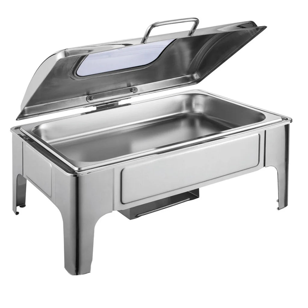 Soup Warmer Premium 9L Rectangular Stainless Steel Roll Top Chafer Chafing Dish with Glass Visual Window Lid