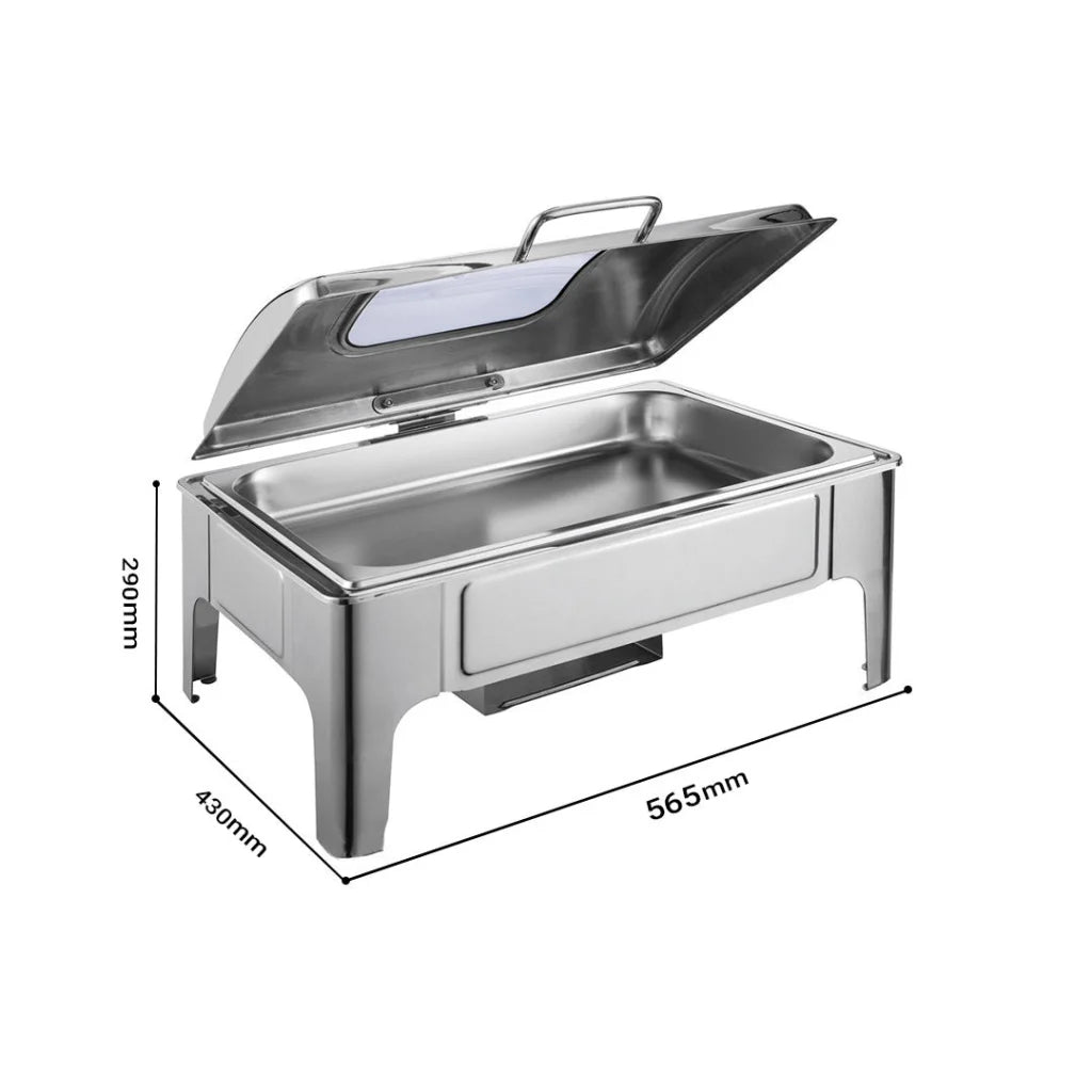 Soup Warmer Premium 9L Rectangular Stainless Steel Roll Top Chafer Chafing Dish with Glass Visual Window Lid