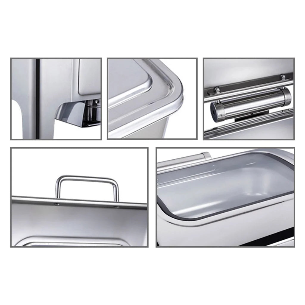 Soup Warmer Set of 2 Premium 9L Rectangular Stainless Steel Roll Top Chafer Chafing Dish with Glass Visual Window Lid