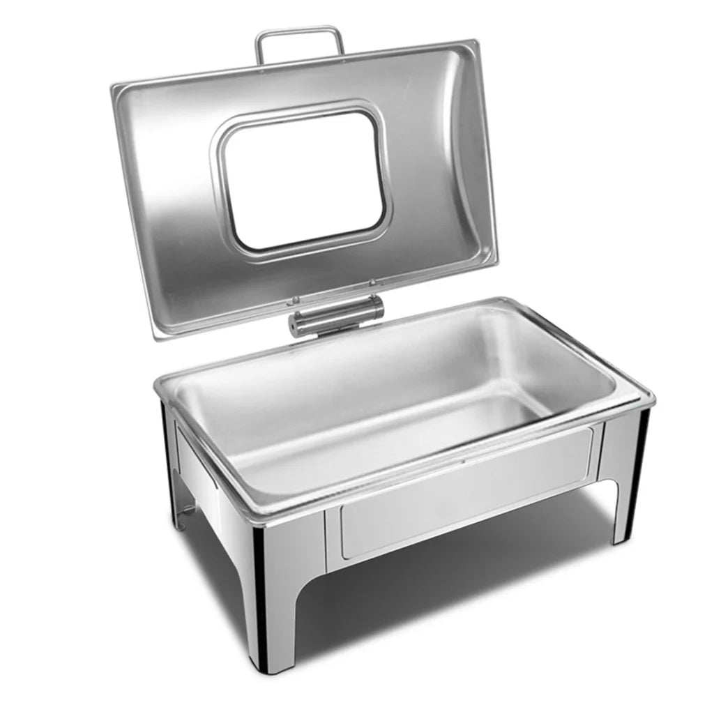 Soup Warmer Set of 2 Premium 9L Rectangular Stainless Steel Roll Top Chafer Chafing Dish with Glass Visual Window Lid