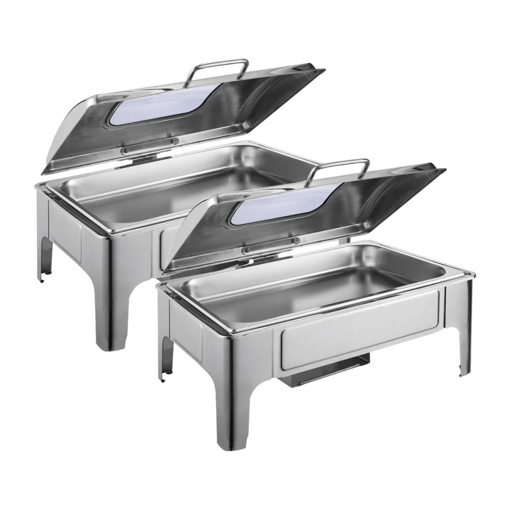 Soup Warmer Set of 2 Premium 9L Rectangular Stainless Steel Roll Top Chafer Chafing Dish with Glass Visual Window Lid