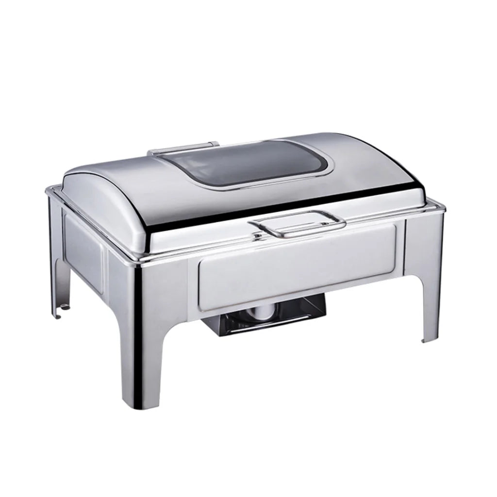 Soup Warmer Set of 2 Premium 9L Rectangular Stainless Steel Roll Top Chafer Chafing Dish with Glass Visual Window Lid