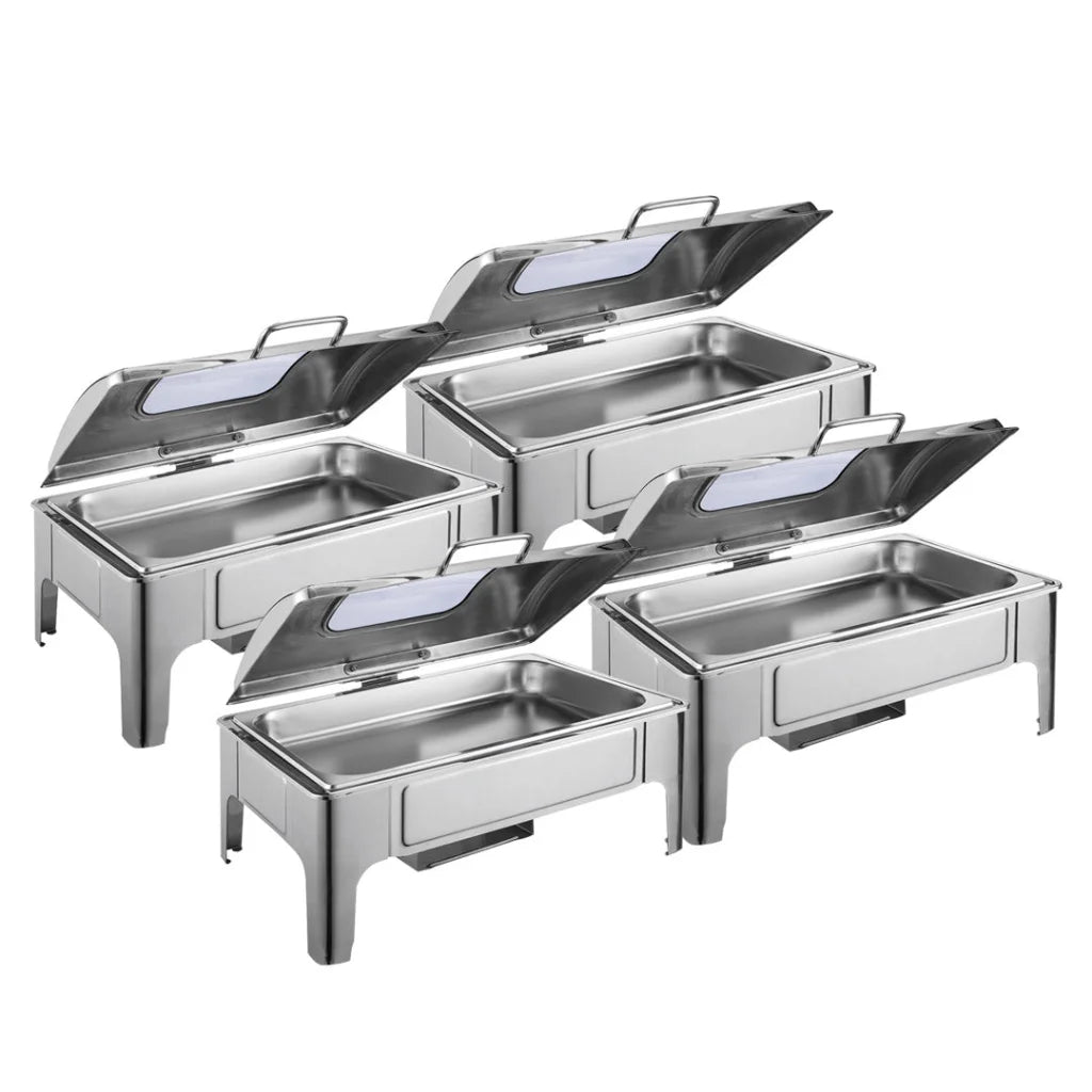 Soup Warmer Set of 4 Premium 9L Rectangular Stainless Steel Roll Top Chafer Chafing Dish with Glass Visual Window Lid