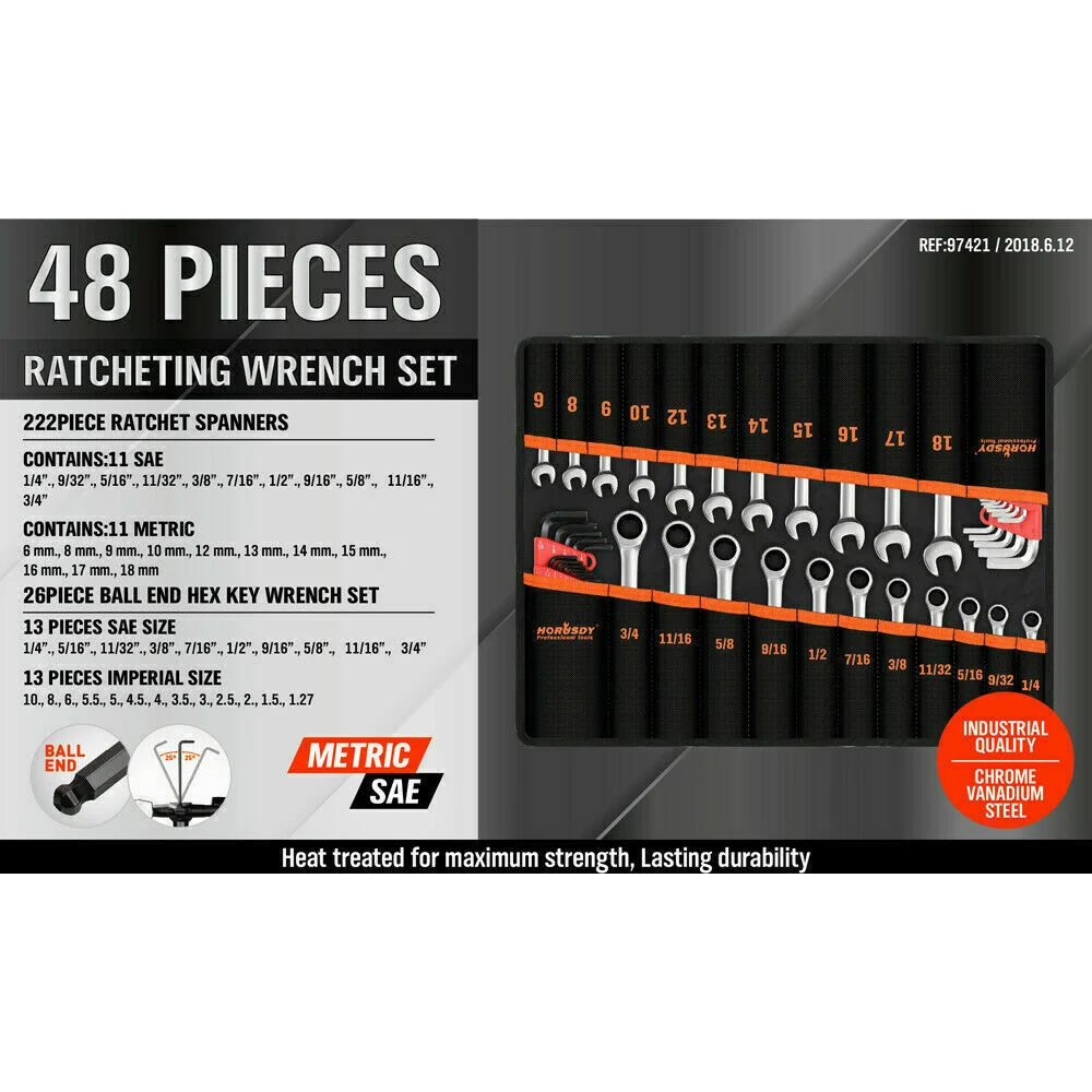 Spanner Set 48Pc Ratchet Wrench Hex Key Metric SAE Allen