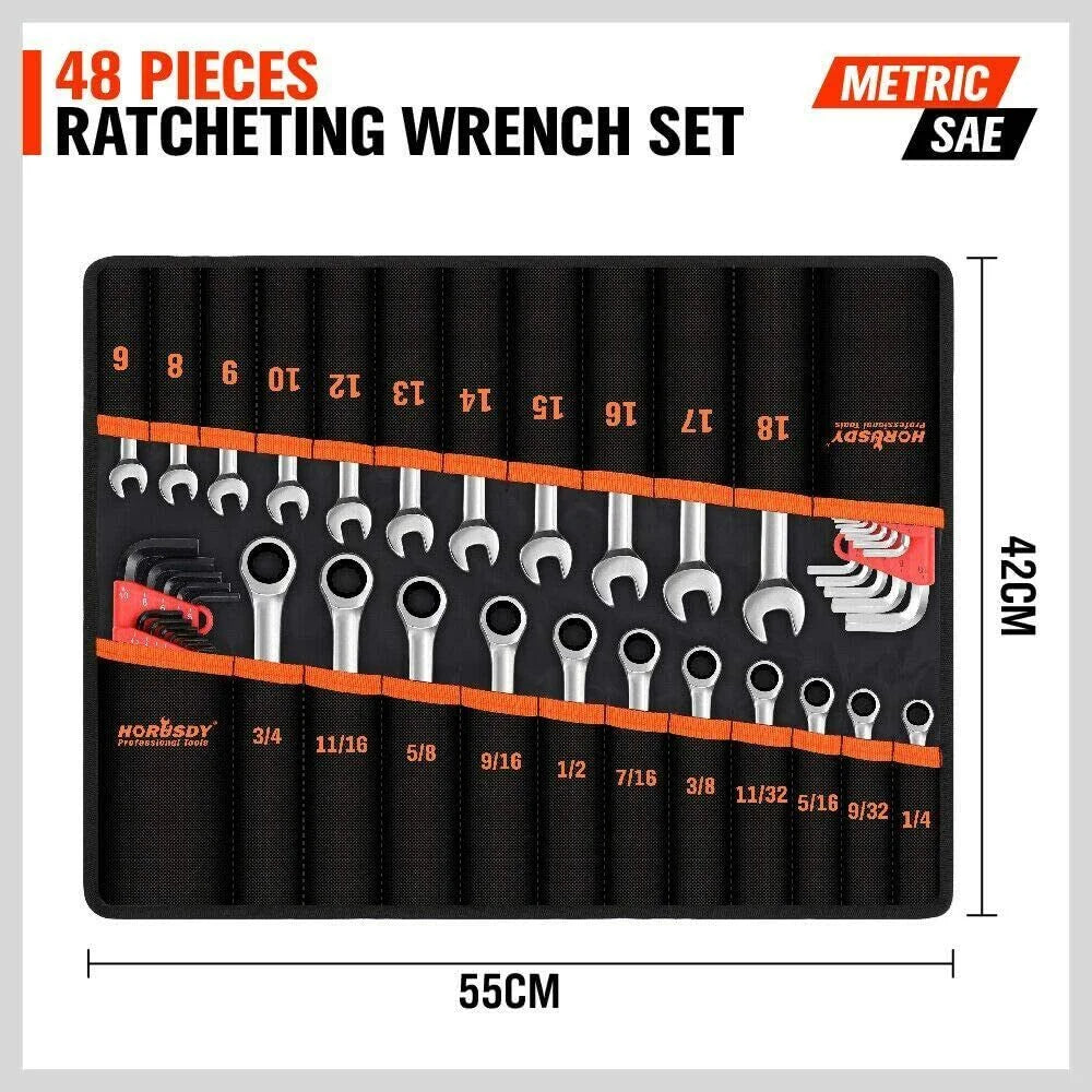 Spanner Set 48Pc Ratchet Wrench Hex Key Metric SAE Allen
