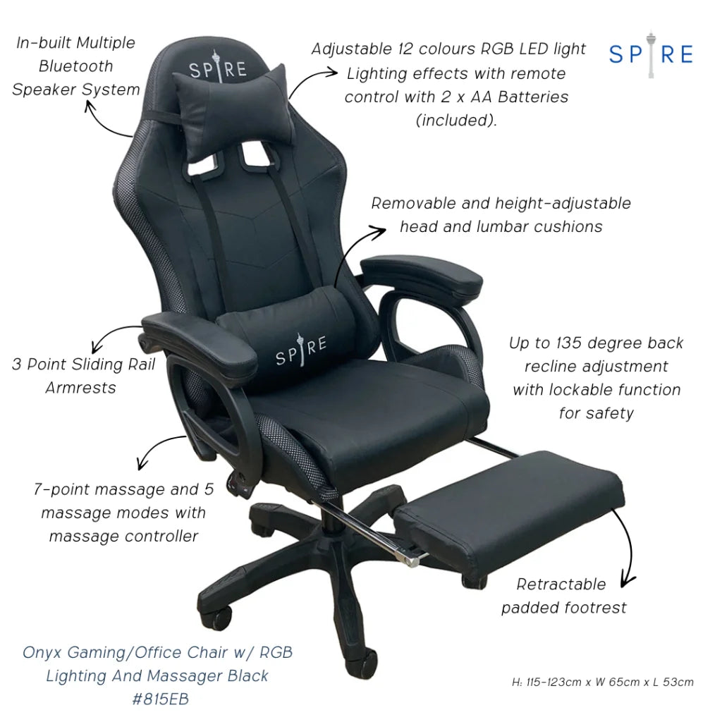 Spire Onyx Gaming/Office Chair w/ RGB Lighting And Massager