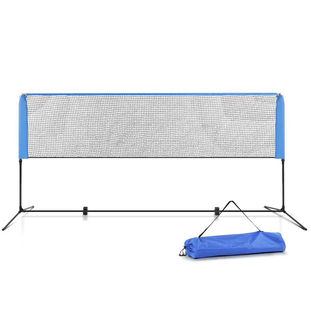 Blue 3m sports net stand with tiered shelves and metal supports