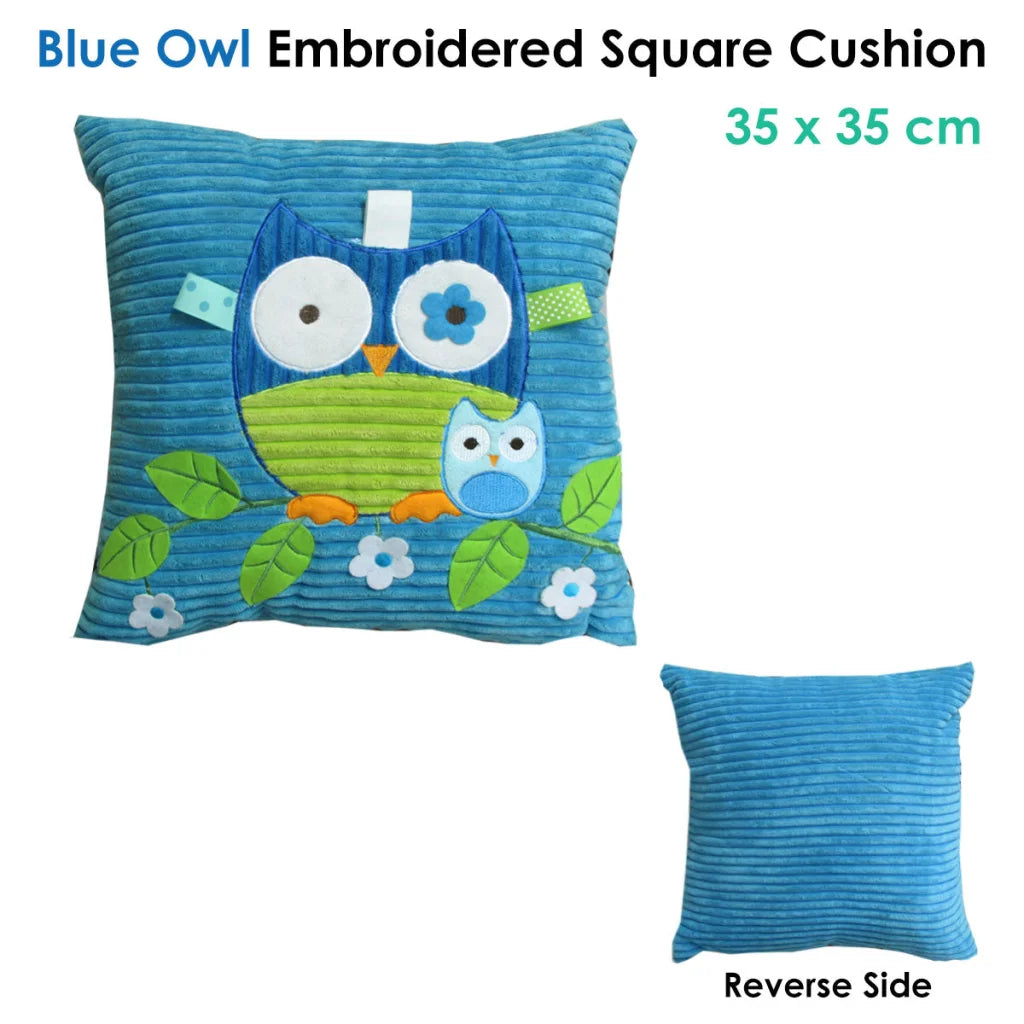 Square Cushion Blue Owl Embroidered Applique - Furniture