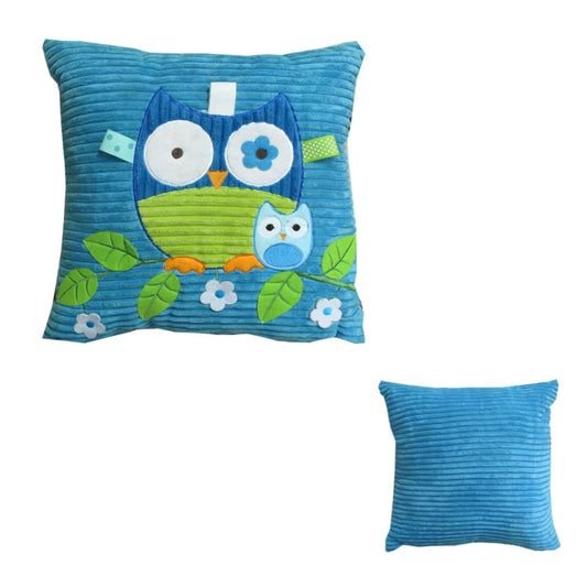 Square Cushion Blue Owl Embroidered Applique - Furniture