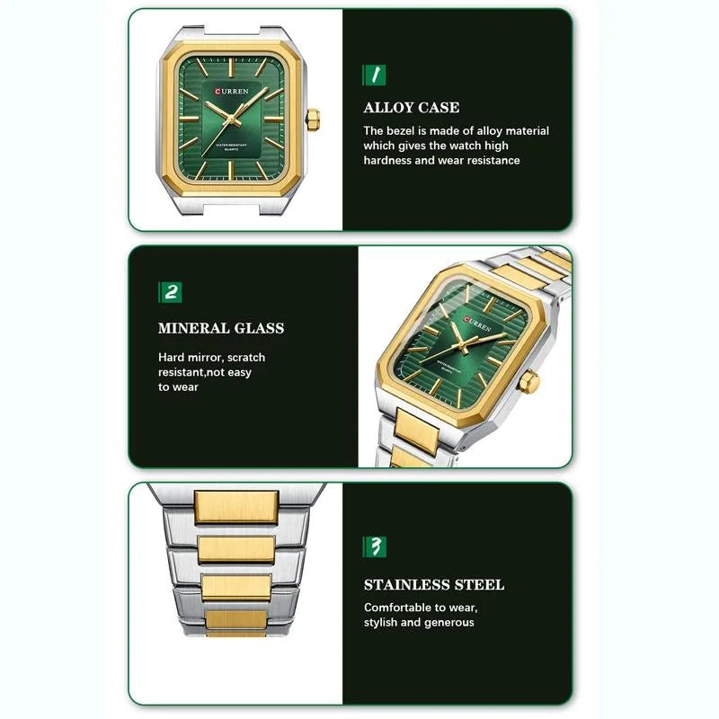 Square Steel Strap Men Quartz Watch - Business Style - Gold