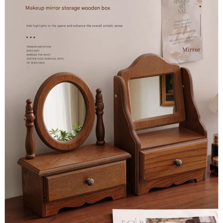 Square Wooden Tabletop Vanity Mirror with Drawer Elegant