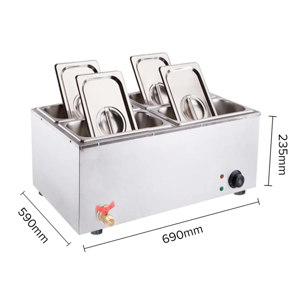 Stainless Steel 4 X 1/2 GN Pan Bain-Marie Food Warmer with Lid - Premium