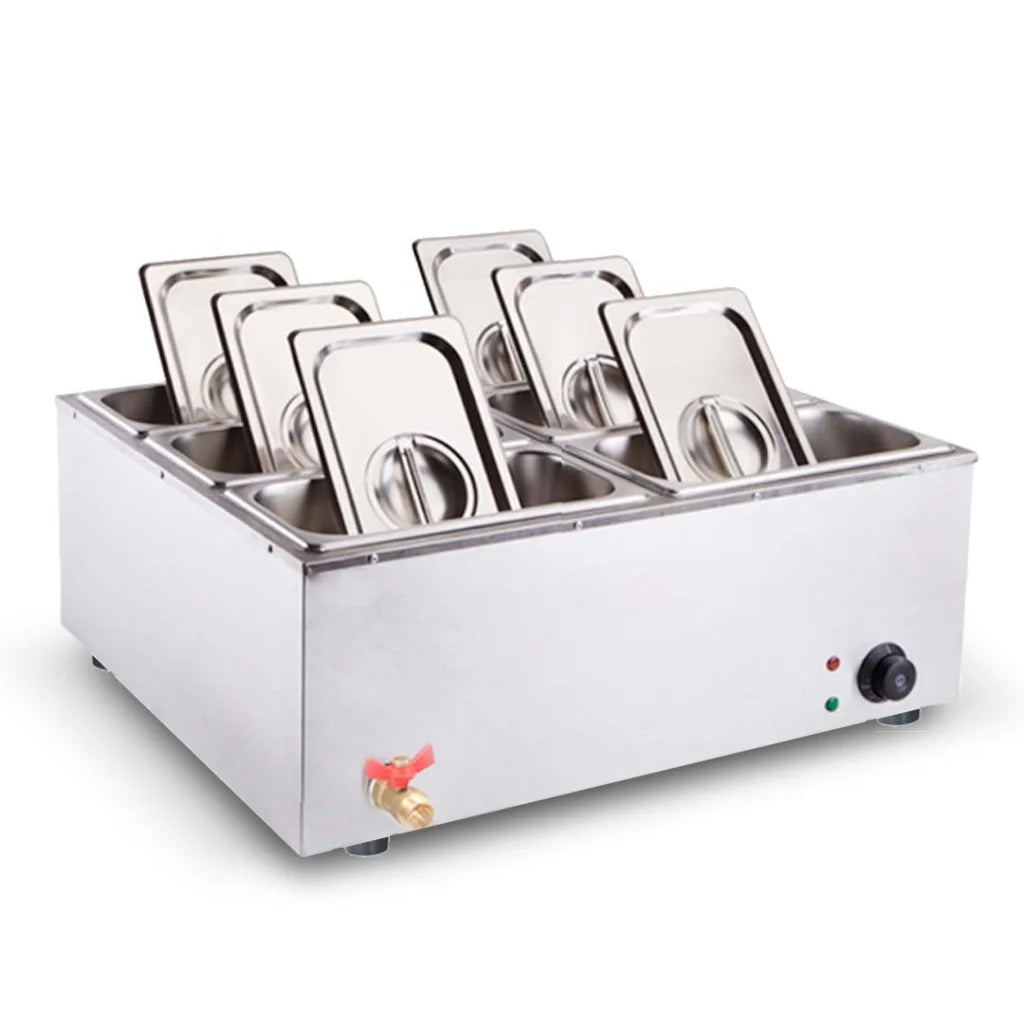 Stainless Steel 6 X 1/3 GN Pan Bain-Marie Food Warmer with Lid - Premium