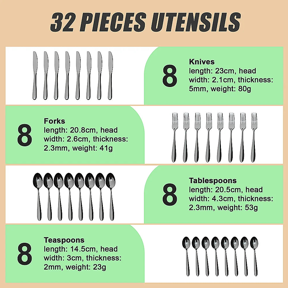 Stainless Steel Cutlery Set 32-Piece - Knives Fork Spoon