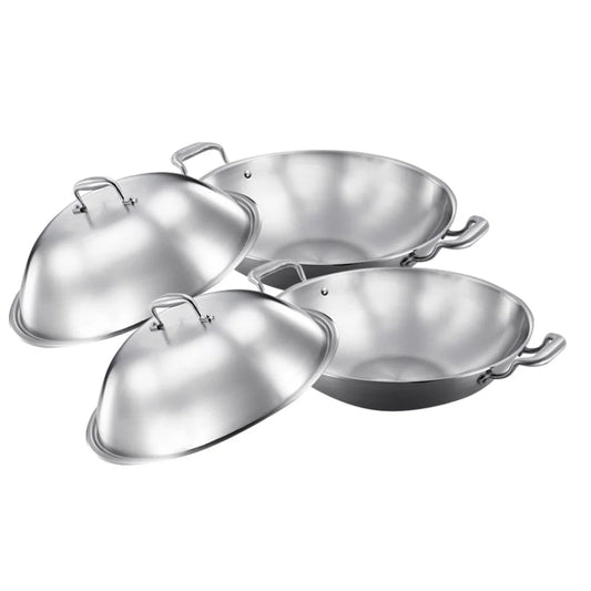 Stainless Steel Double Handle Wok Frying Pan 2X 3-Ply 38cm with Lid