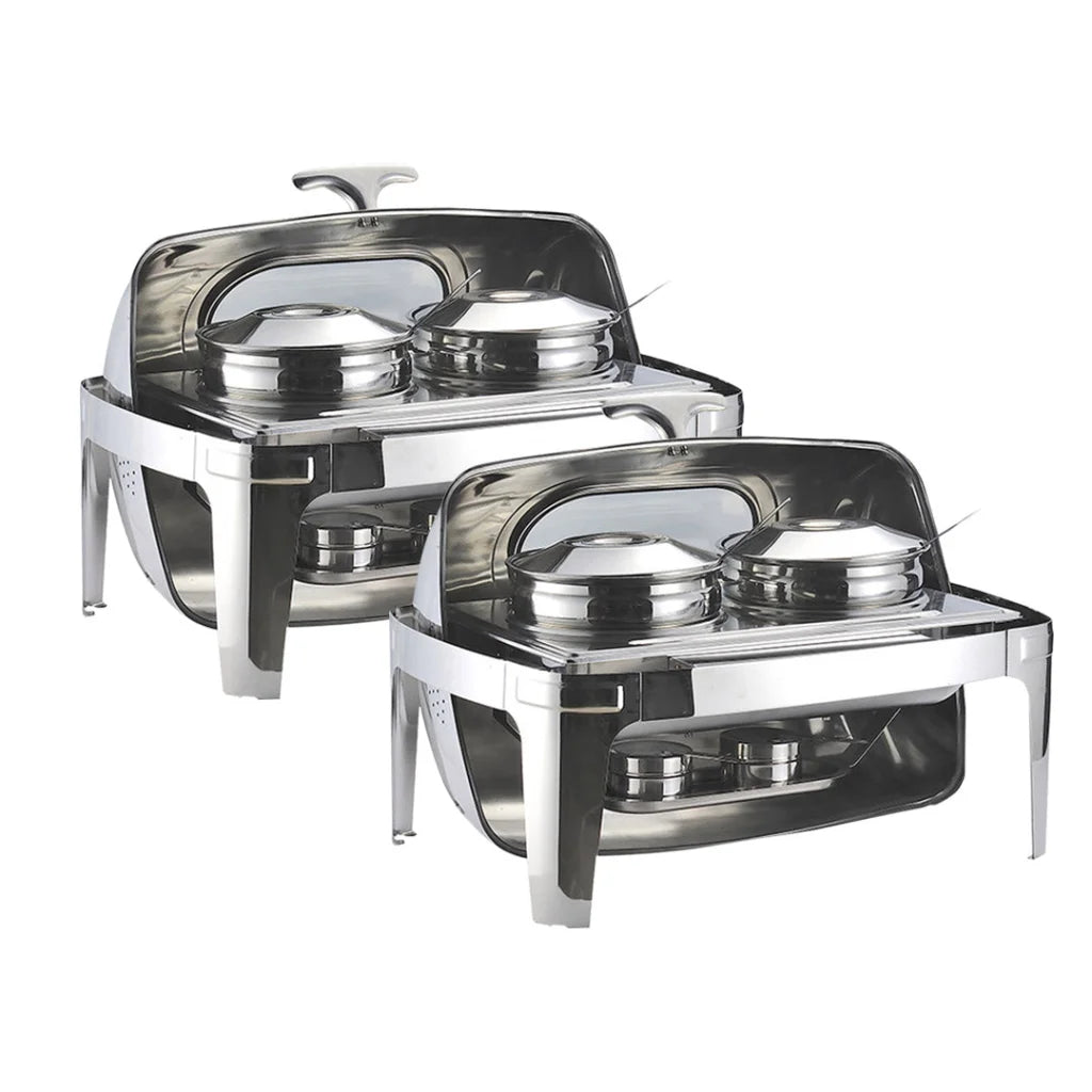 Stainless Steel Double Soup Tureen Bowl Station Set of 2 with Roll Top Buffet Chafing Dish - 6.5L
