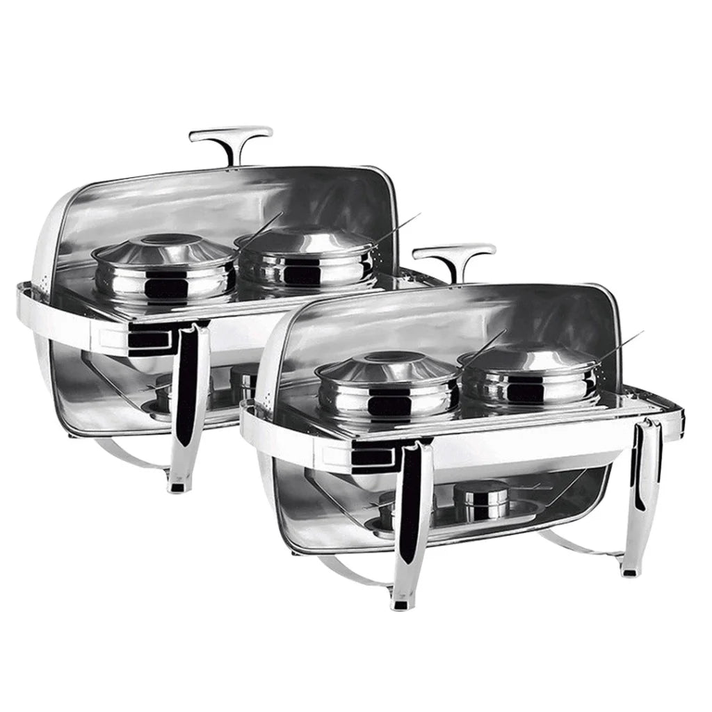 Stainless Steel Double Soup Tureen Bowl Station Set of 2 with Roll Top Buffet Chafing Dish Server - 6.5L