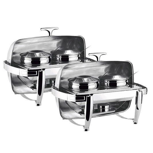 Stainless Steel Double Soup Tureen Bowl Station Set of 2 with Roll Top Buffet Chafing Dish Server - 6.5L